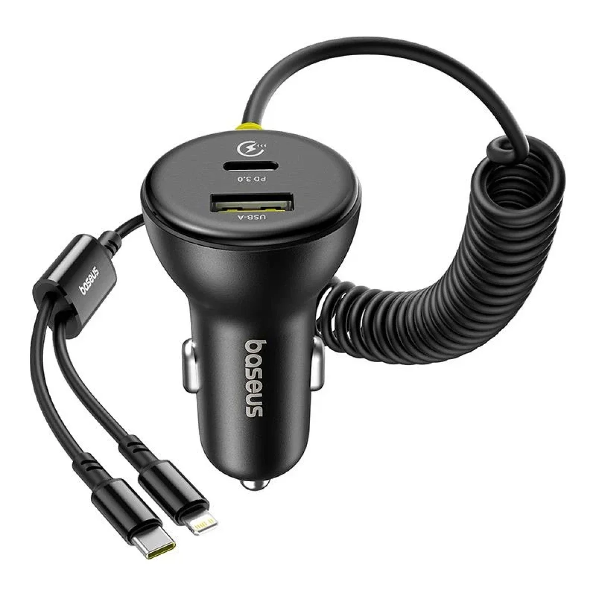 Baseus Circular 60W Car Charger with USB-C & Lightning Cables, USB-A & USB-C, Black - Image 2