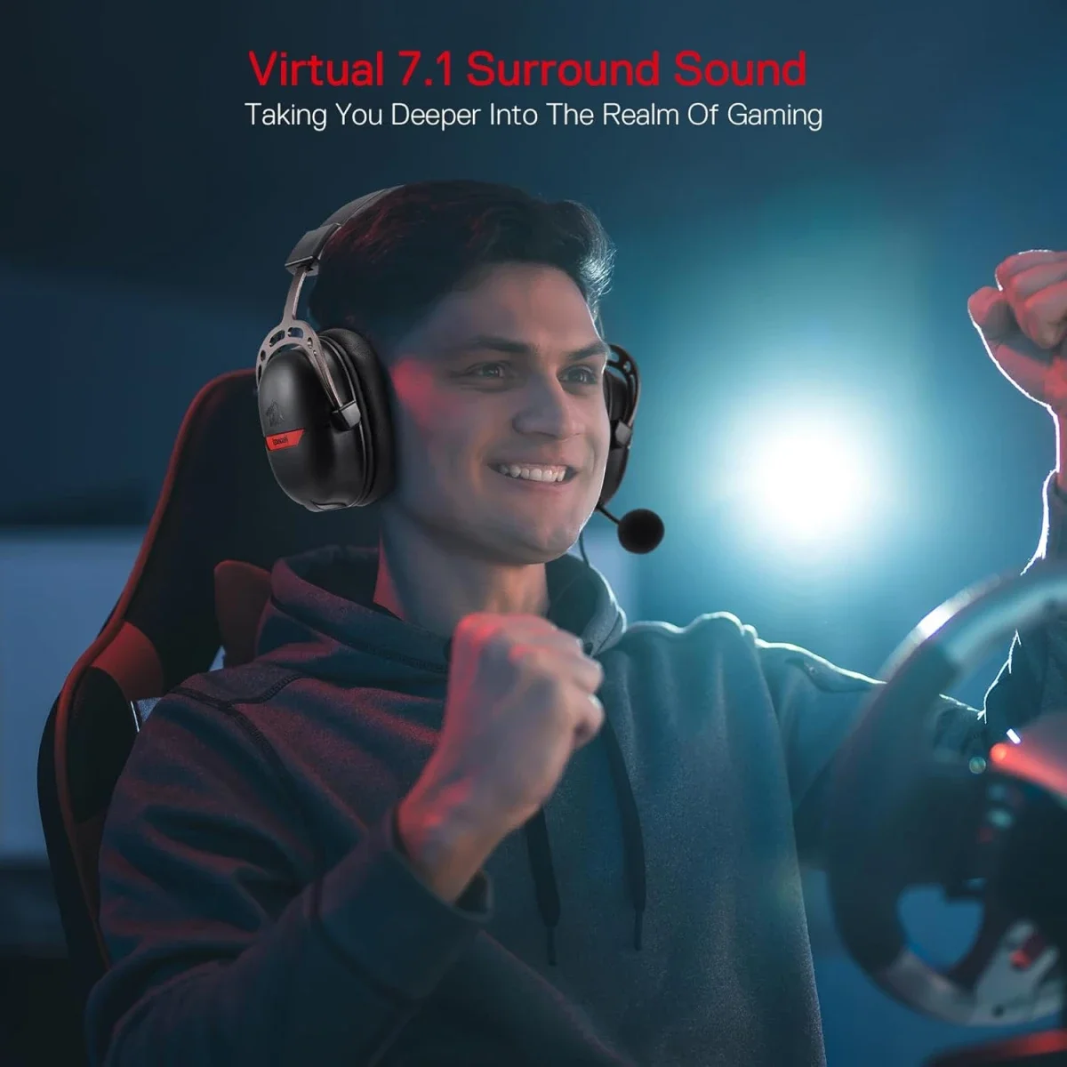 سماعة ألعاب Redragon H376BR Aurora سلكية USB بصوت محيطي 7.1 ومحركات 40 مم - أسود - Thumbnail 4