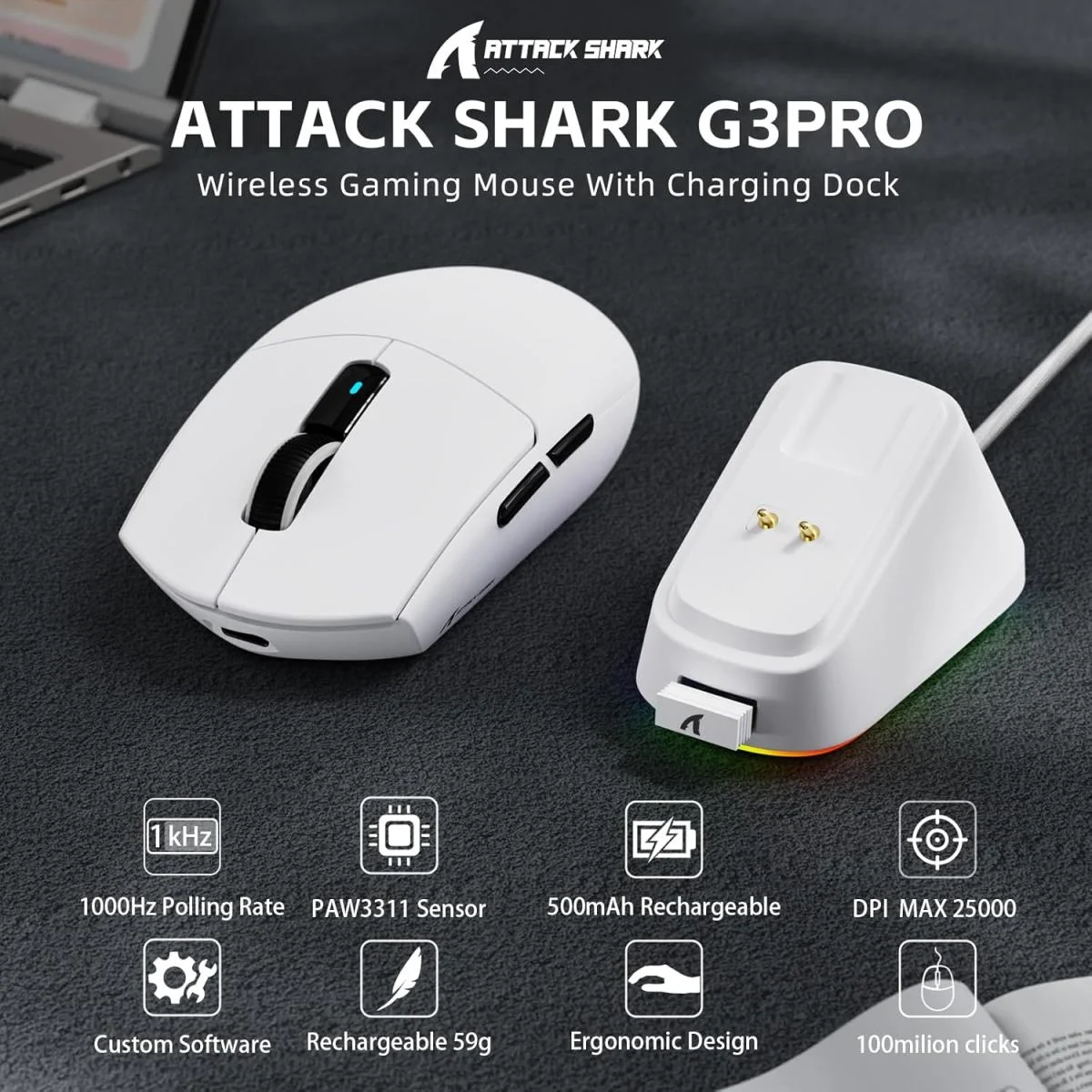 ماوس ألعاب لاسلكي ATTACK SHARK G3PRO مع قاعدة شحن RGB ودقة 25K DPI، أبيض - Image 3