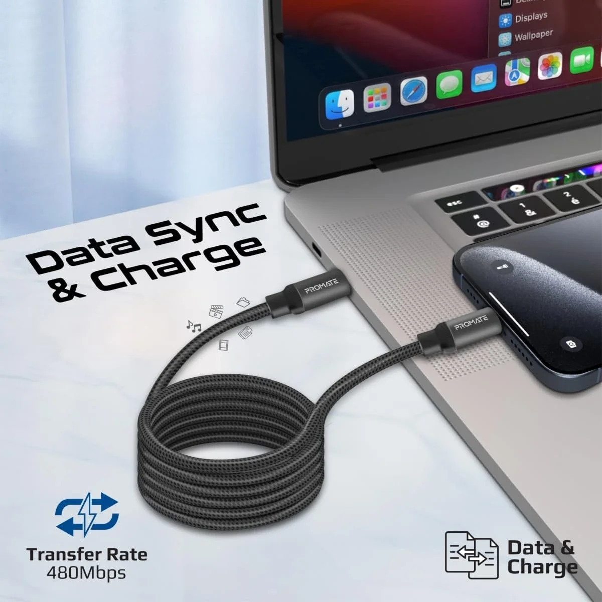 سلك Promate Springy USB-C إلى USB-C مغناطيسي مجدول 60W بطول 120cm أسود - Image 3