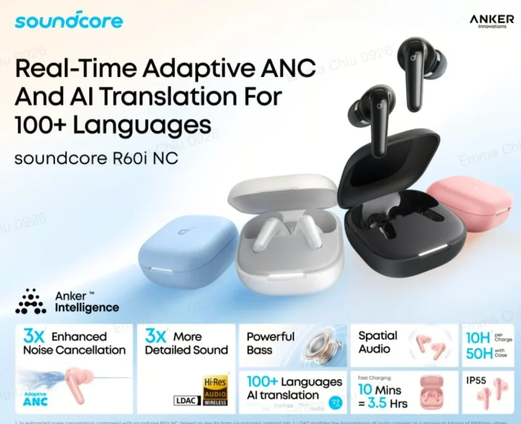 سماعات أذن لاسلكية Anker Soundcore R60I NC بإلغاء ضوضاء تكيفي، وردي - Thumbnail 3