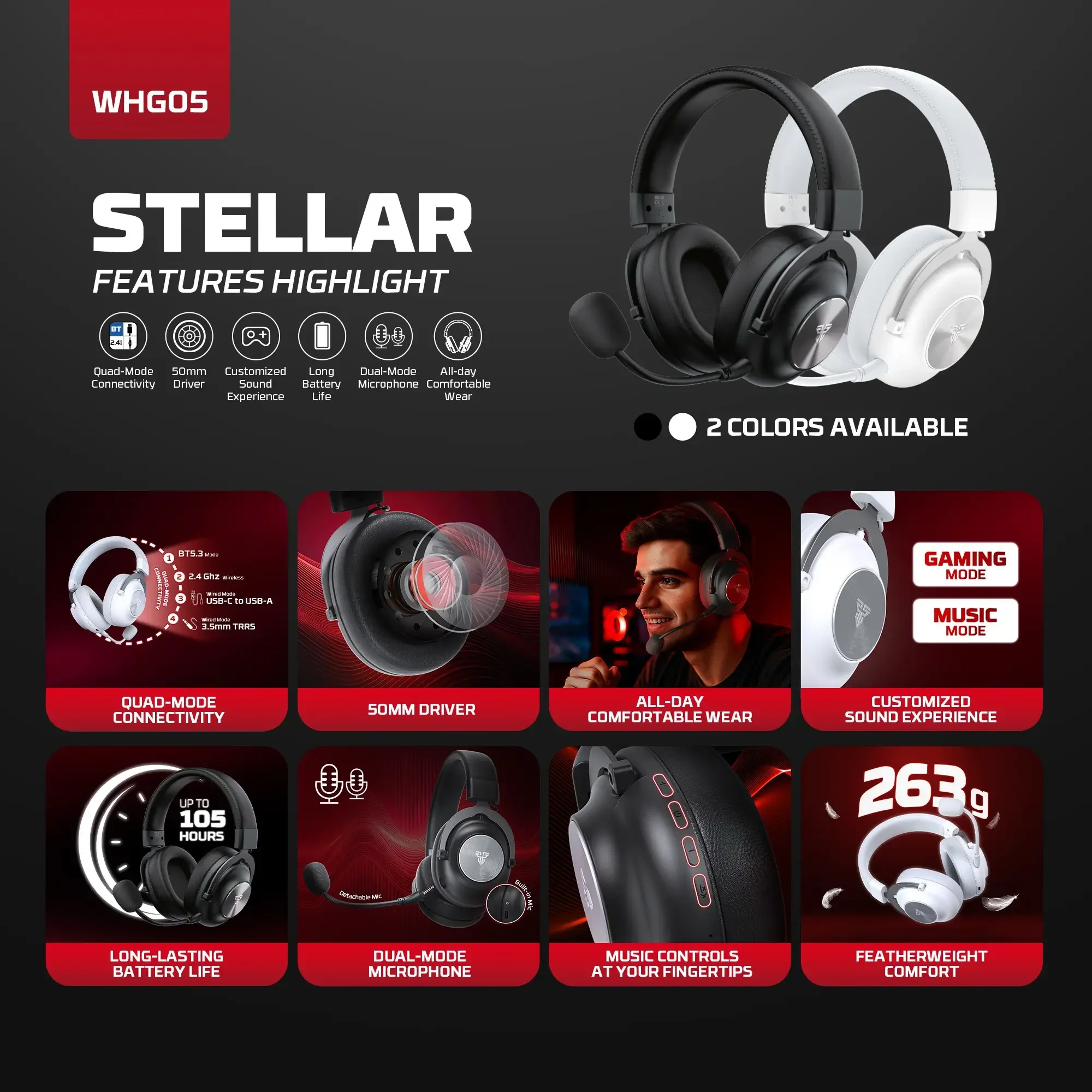 سماعة رأس Fantech WHG05 Stellar لاسلكية باللون الأسود باتصال ثلاثي الأوضاع - Image 5