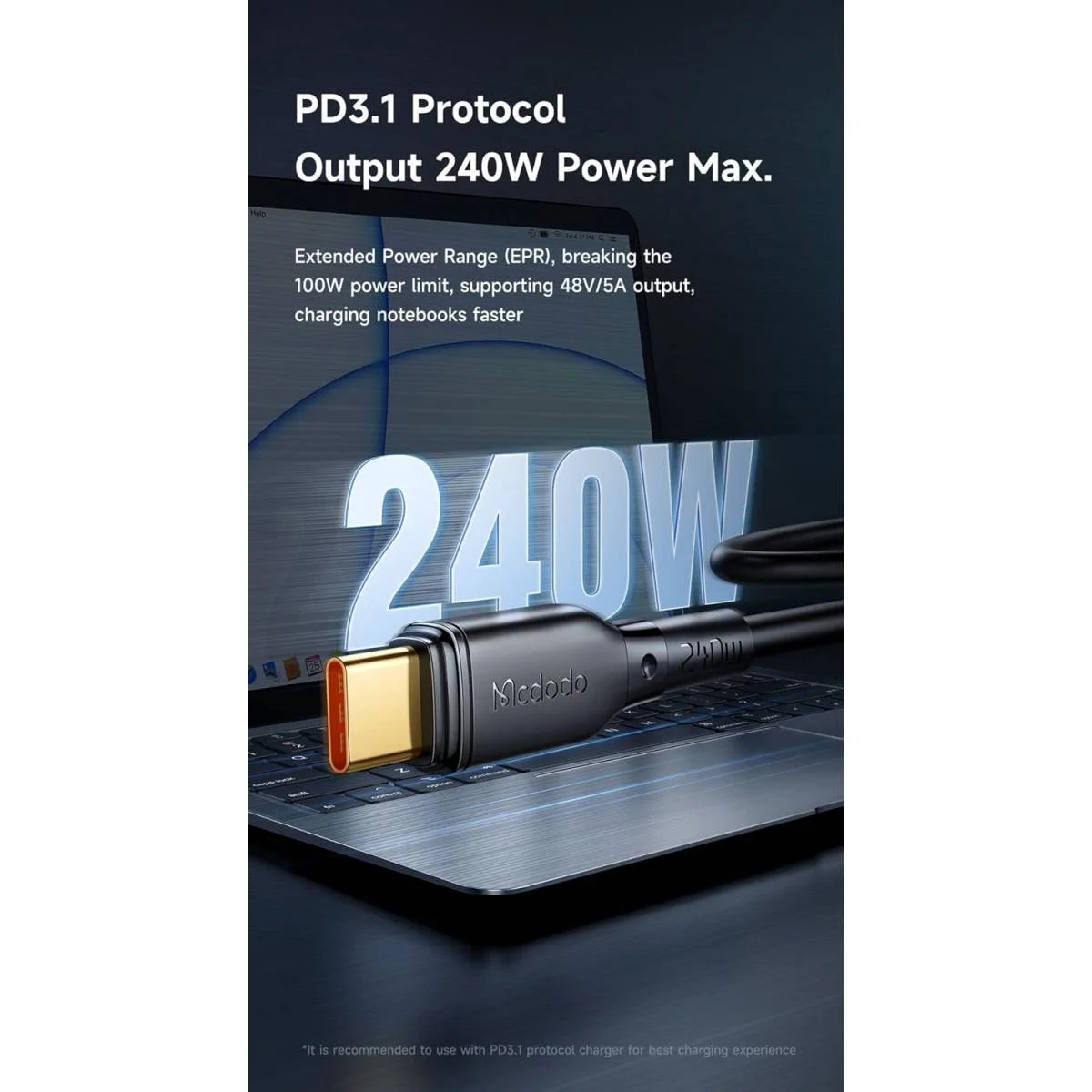 كيبل Mcdodo CA-5642 USB-C إلى USB-C للشحن ونقل البيانات 60W بطول 3 متر - Image 3