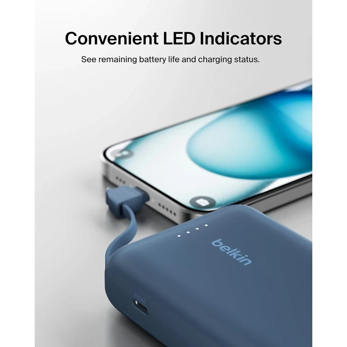 باور بانك Belkin BoostCharge بسعة 10000mAh مع كابل USB-C مدمج وشحن PD بقوة 20W - أزرق - Thumbnail 3