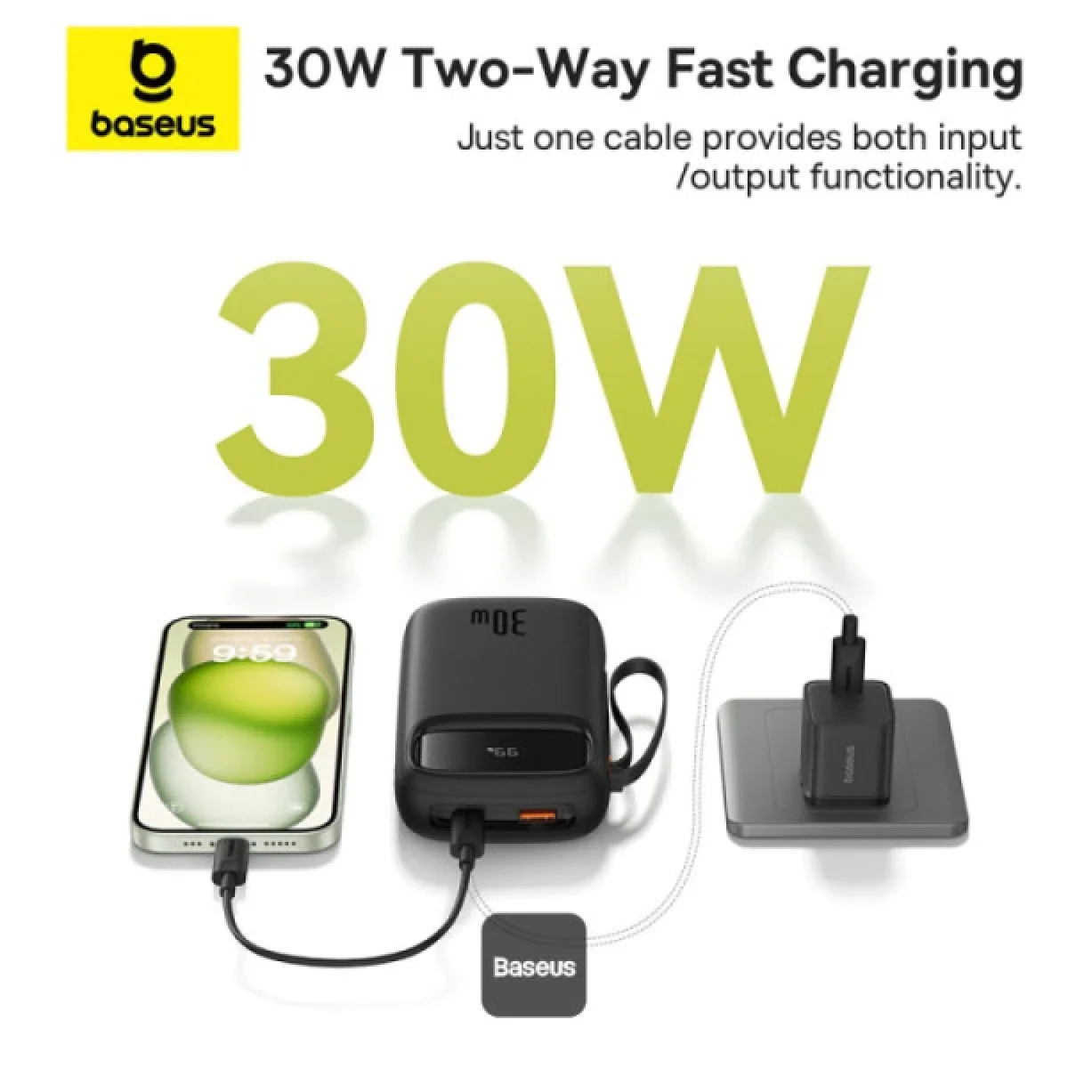 Baseus QPow2 20000mAh 30W Fast Charge Power Bank with Built-in Dual Type-C Cable - Black - Thumbnail 2