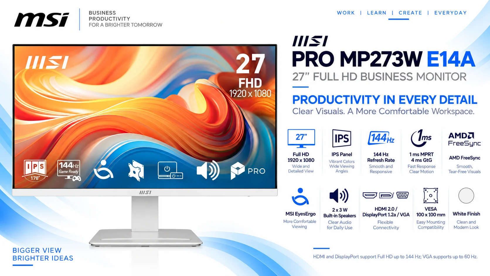 شاشة MSI 27 إنش IPS Full HD بتردد 144 هرتز واستجابة 1 مللي ثانية، سماعات وHDMI وDP وتثبيت VESA وإمالة وLess Blue Light PRO، أبيض - PRO MP273W E14A - Thumbnail 14