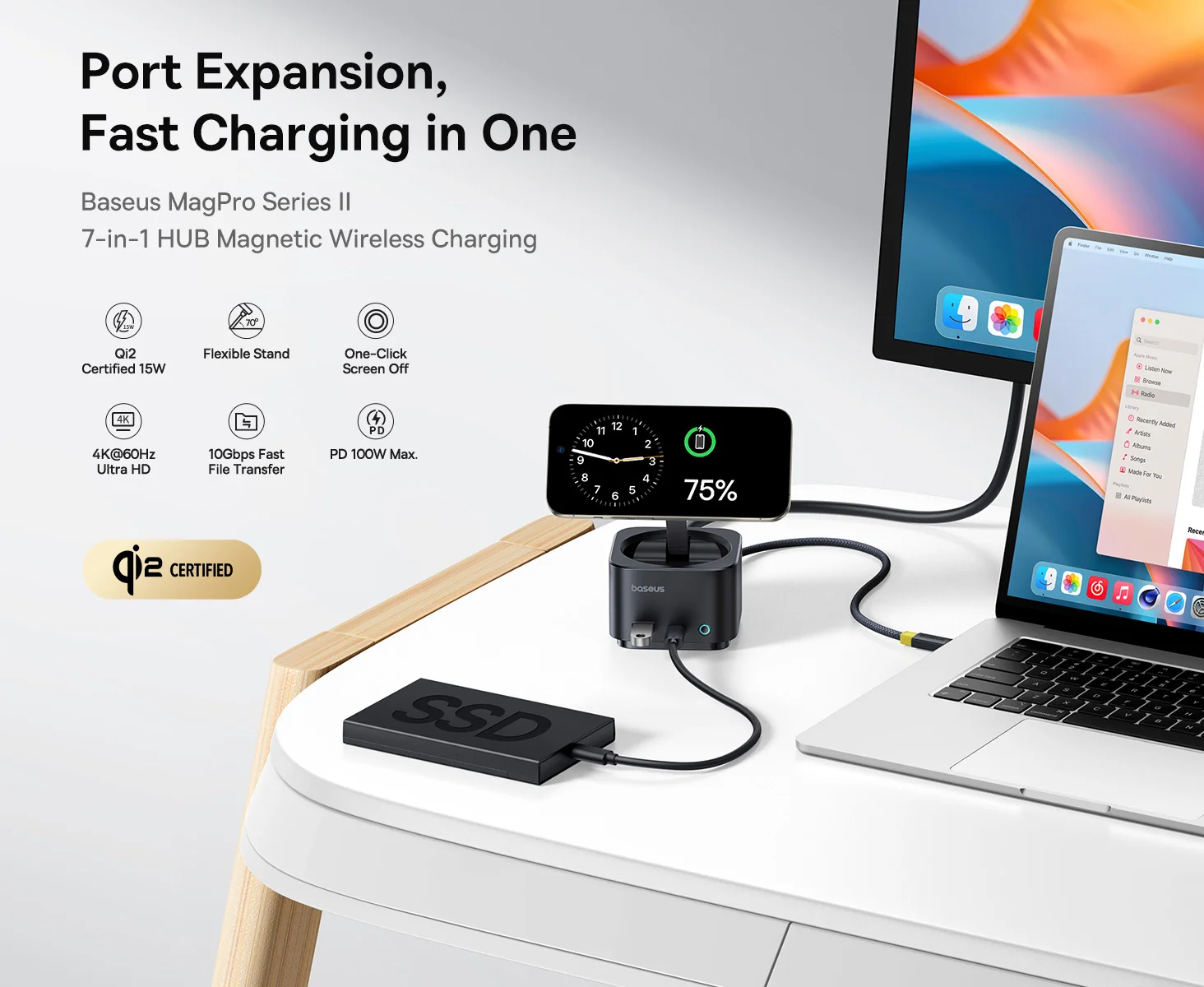 موزع USB-C Baseus MagPro Series II 7 في 1 مع شاحن لاسلكي Qi2 بقدرة 15W ومنفذ HDMI بدقة 4K@60Hz وشحن PD بقدرة 100W وسرعة 10Gbps وقارئ بطاقات SD - أسود - Image 9