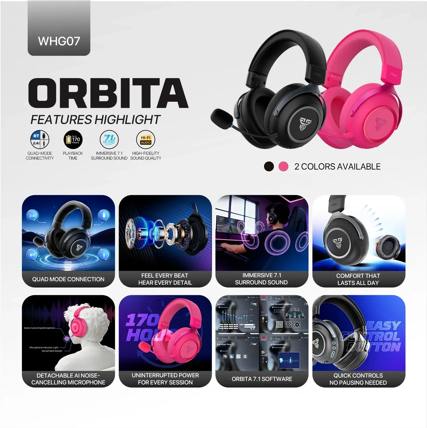 سماعة رأس ألعاب لاسلكية Fantech WHG07 ORBITA بصوت محيطي 7.1 إصدار Rosie - Image 4