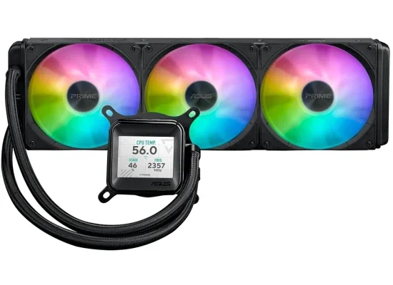 مبرد معالج مائي Asus Prime LC 360 ARGB LCD بشاشة 2.3 إنش وراديتر 360 مم و3 مراوح PRIME LC 36025 بسرعة 2500 RPM وتدفق 77.22 CFM، أسود