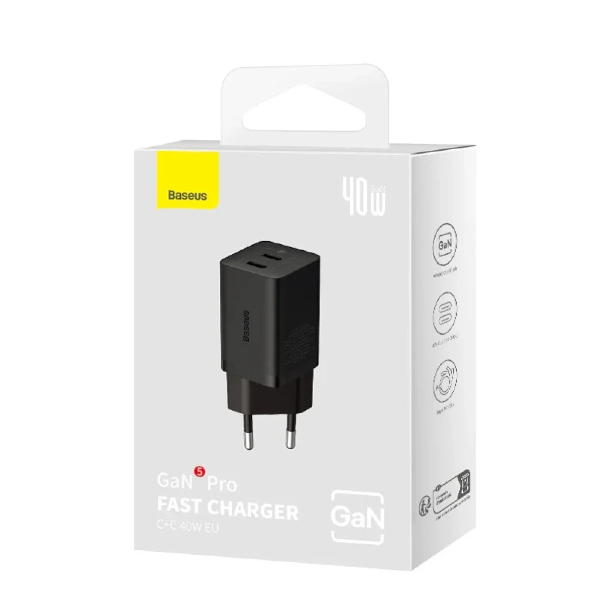 شاحن Baseus GaN5 Pro سريع GaN بقدرة 40 واط ومنفذي USB-C، قابس أوروبي، أسود - Thumbnail 6