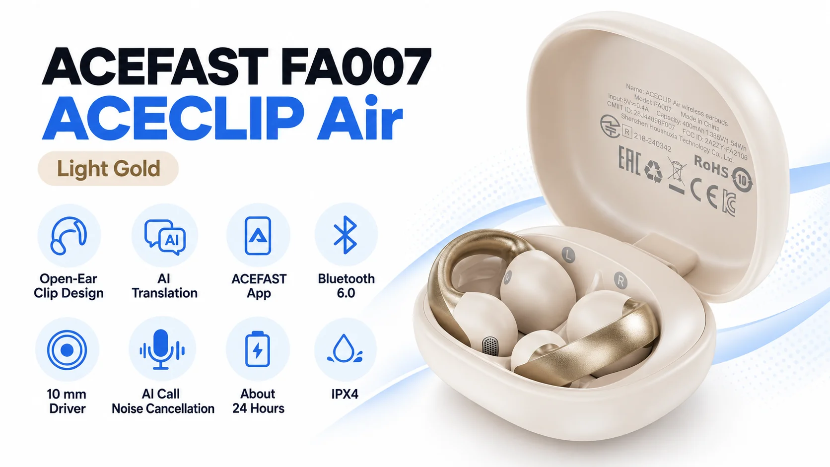سماعات ACEFAST FA007 ACECLIP Air OWS بترجمة ذكية – ذهبي فاتح - Thumbnail 6