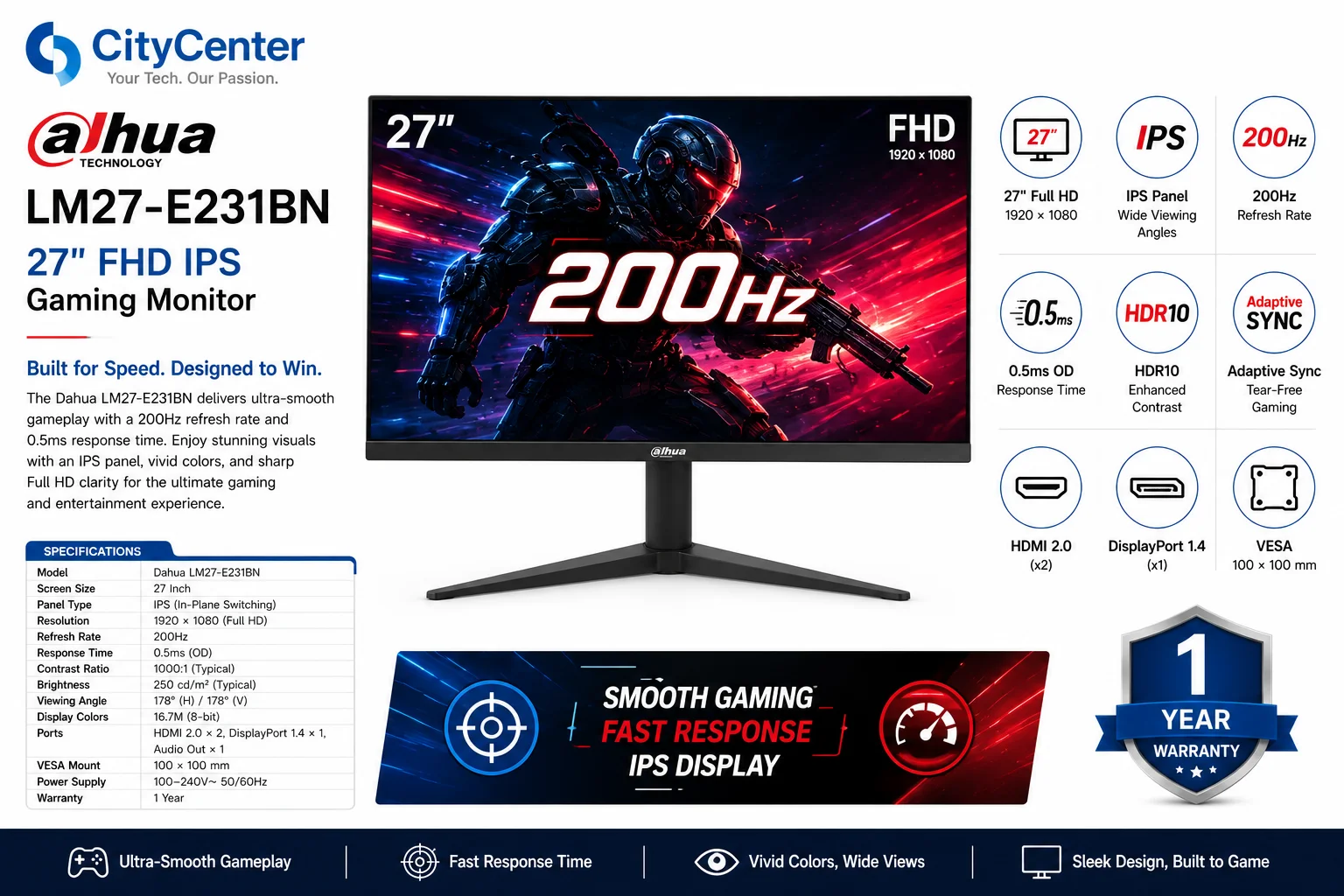 شاشة ألعاب Dahua LM27-E231BN مقاس 27 إنش FHD IPS بتردد 200 هرتز وزمن استجابة 0.5 مللي ثانية OD ودعم HDR10 - Thumbnail 3