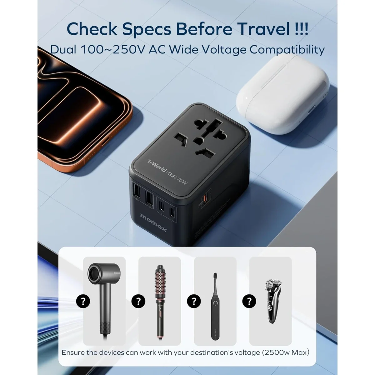 MOMAX 70W GaN Universal Travel Adapter with 3 USB-C PD & 2 USB-A QC - Black - Thumbnail 9