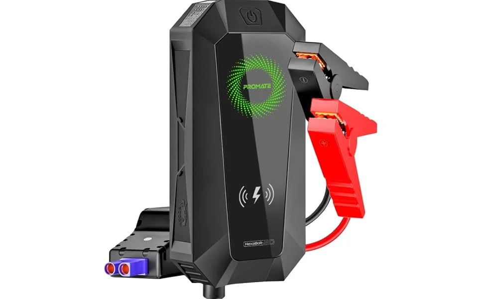 مشغل بطارية سيارة Promate HexaBolt-20 بقوة 1500A و12V مع باور بانك 19200mAh وشحن Qi 10W - أسود - Thumbnail 10
