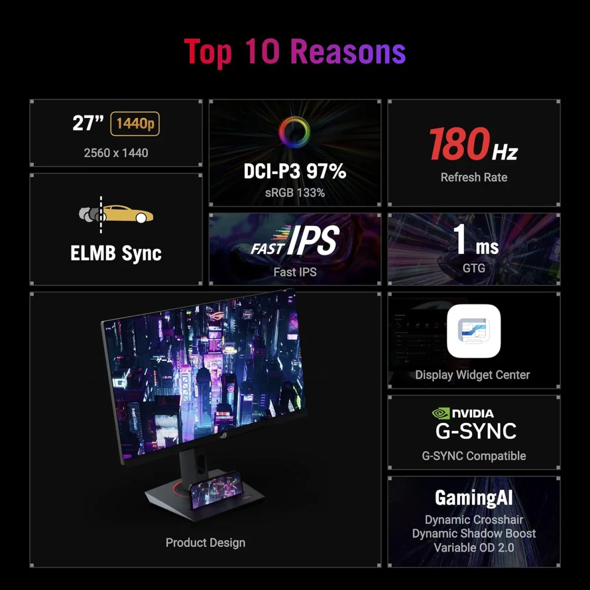 شاشة ألعاب Asus ROG Strix XG27ACS 27 إنش QHD Fast IPS بتردد 180 هرتز واستجابة 1 مللي ثانية، أبيض - Image 9