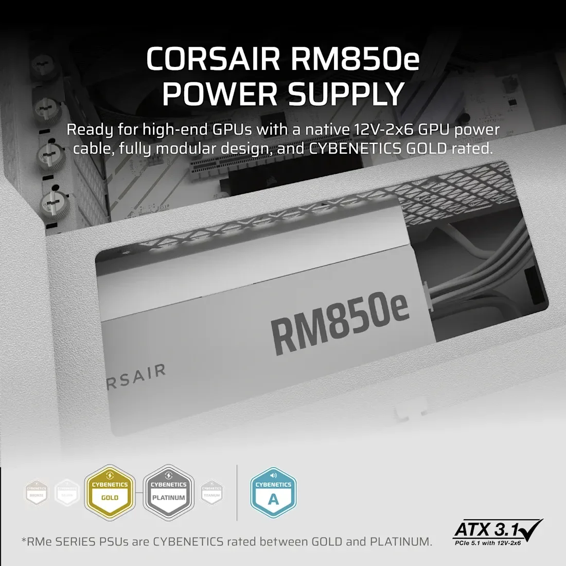 مزود طاقة Corsair RMe Series RM850e 850 واط ATX بكابلات قابلة للفصل بالكامل وضجيج منخفض – أبيض CP-9020293 - Image 3