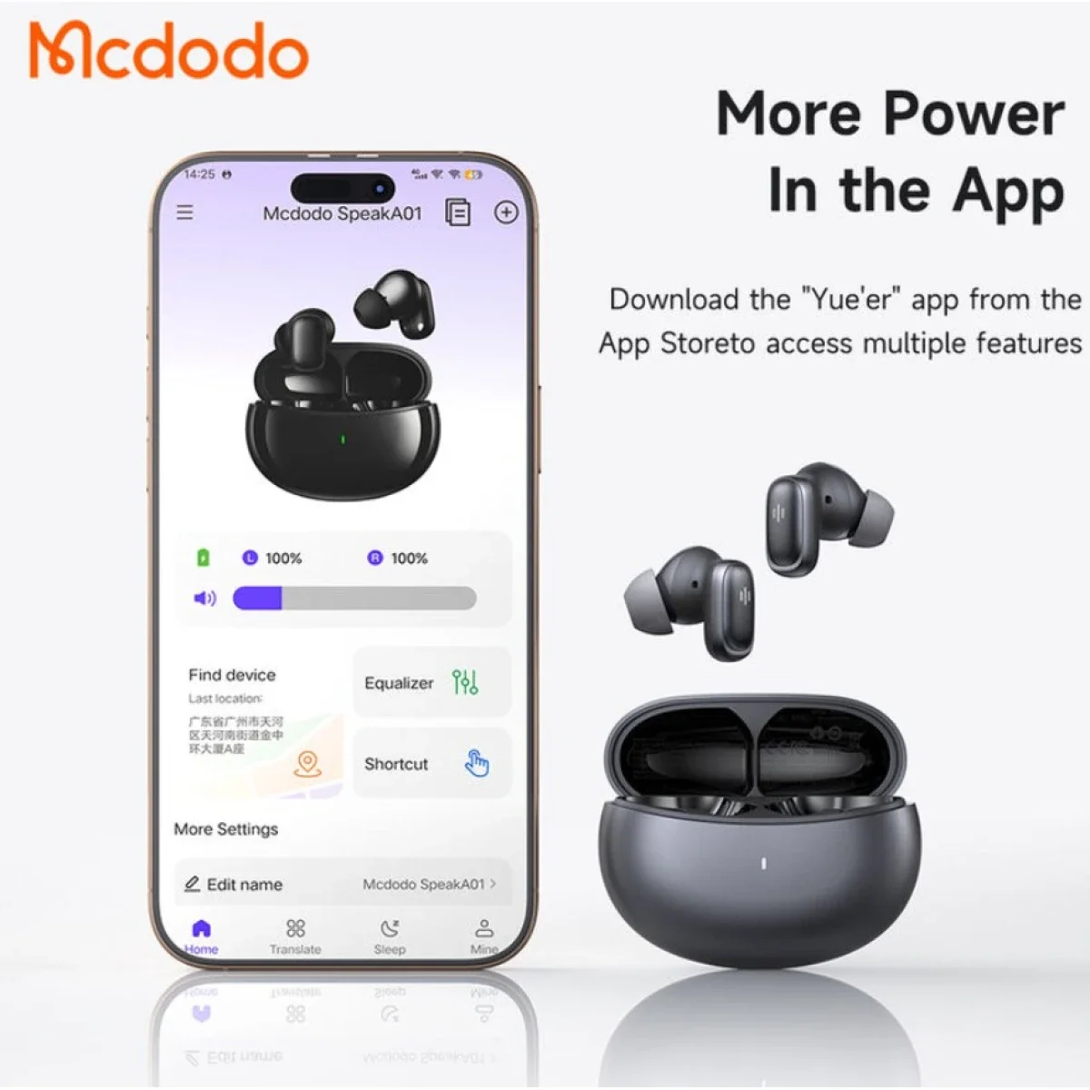 Mcdodo HP-8220 ANC+ENC AI Translation Earbuds with Real-Time Translation, Black - Thumbnail 5