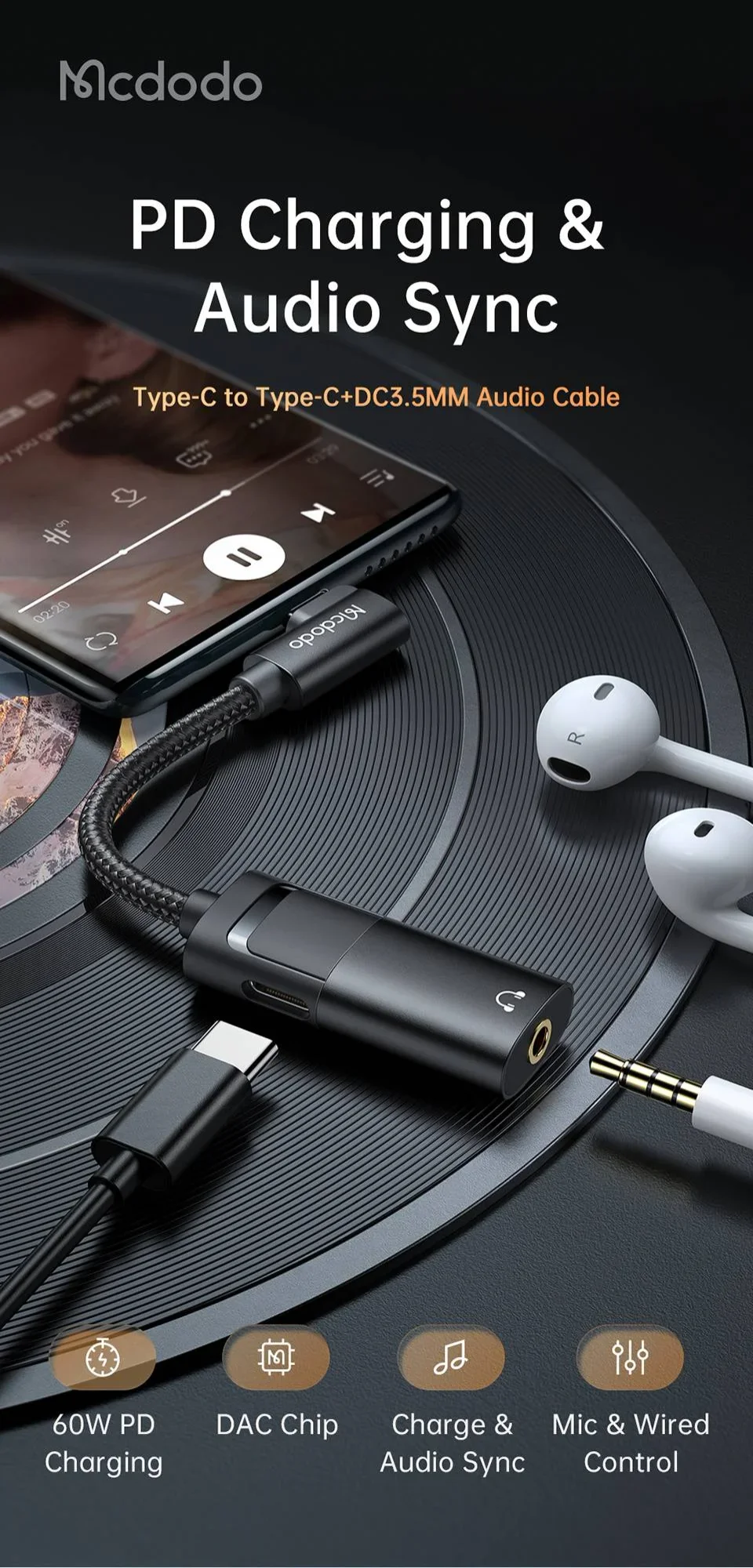 Mcdodo CA-1880 60W PD USB-C to USB-C and 3.5mm AUX Audio Cable - Image 8