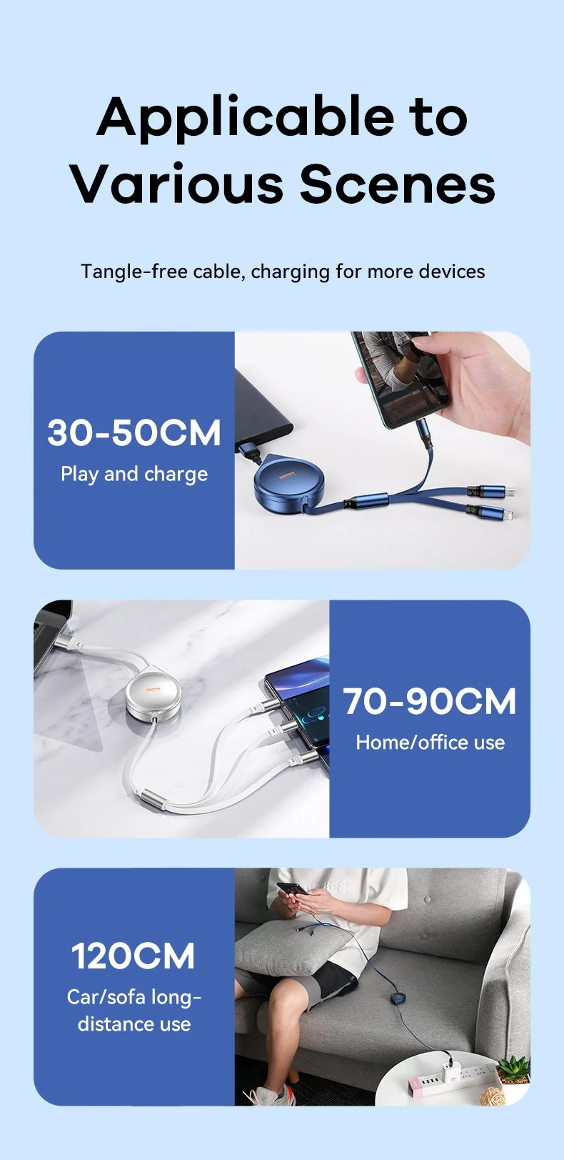 كيبل شحن سريع Remax Drip Series RC-C018 قابل للسحب 3 في 1 بقدرة 15 واط وطول 120 سم – USB إلى آيفون وType-C وMicro USB - Image 10