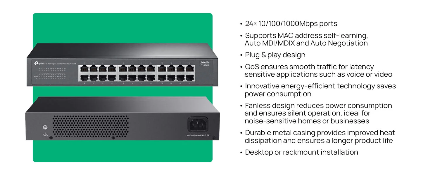 سويتش شبكة TP-LINK LS1024G جيجابت 24 منفذ للاستخدام المكتبي والتركيب على الراك - Thumbnail 7