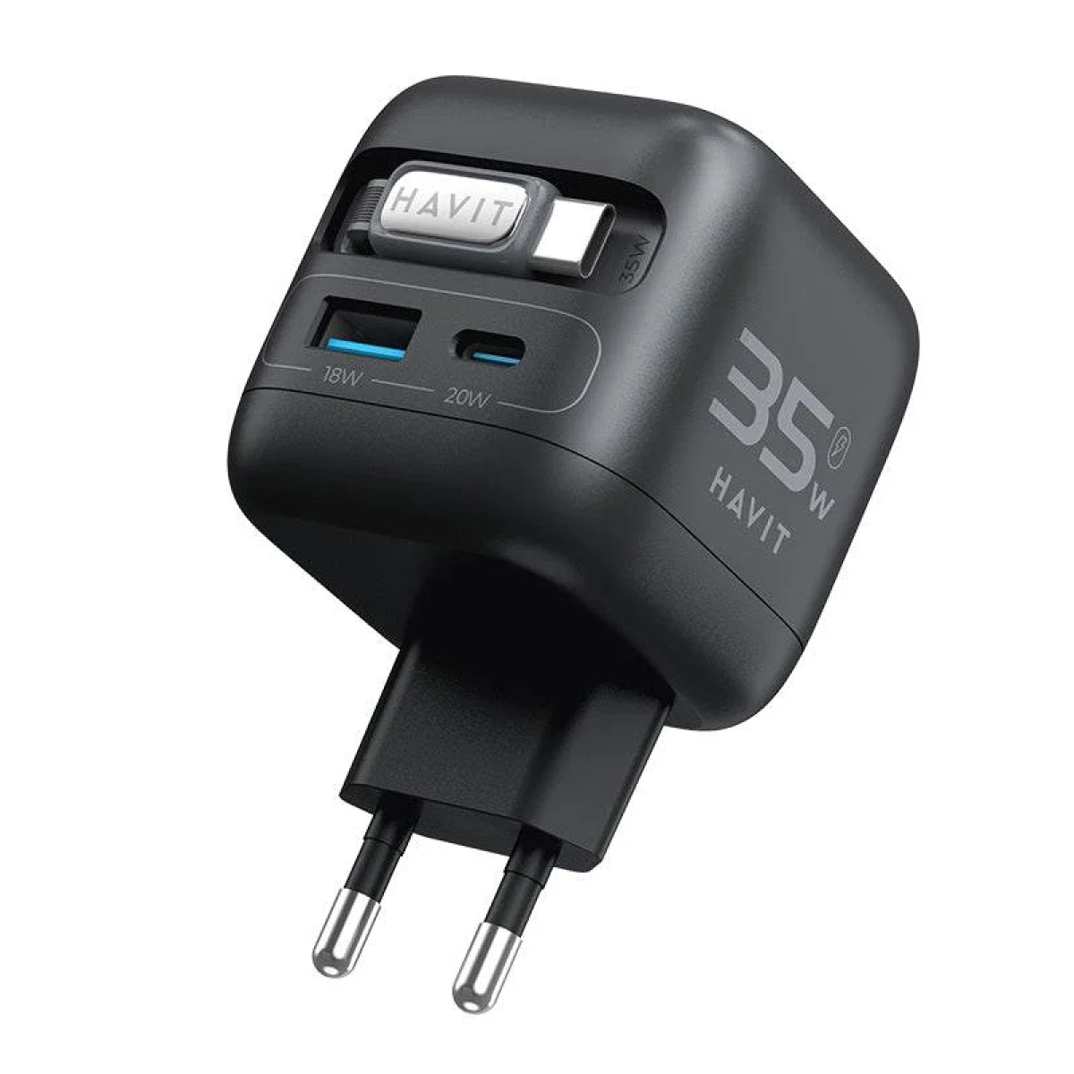 شاحن سفر HAVIT UC250 بتقنية GaN بقوة 35 واط مع كابل USB-C قابل للسحب - Thumbnail 2