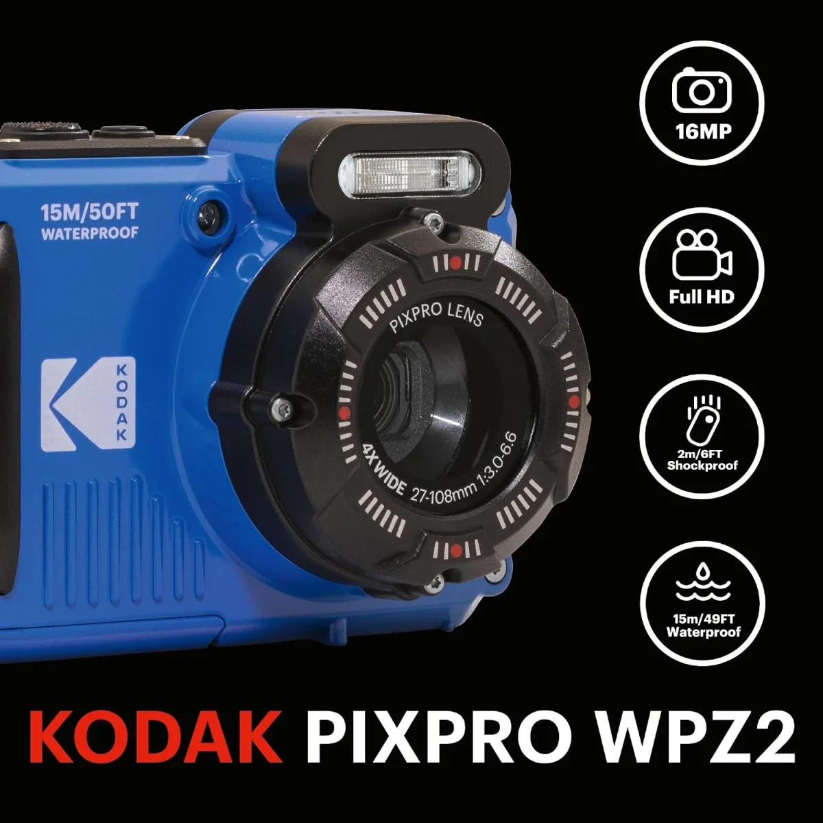 كاميرا رقمية Kodak WPZ2 مقاومة للماء 16MP حتى 15 متر زوم 4X لون أزرق - Thumbnail 6