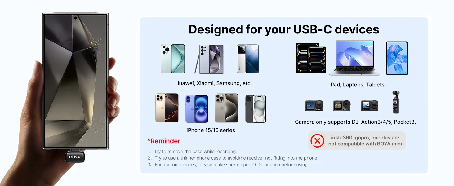 ميكروفون لافالير لاسلكي Boya Mini-14 بمنفذ USB-C وتقليل الضوضاء وبطارية 30 ساعة - Thumbnail 11