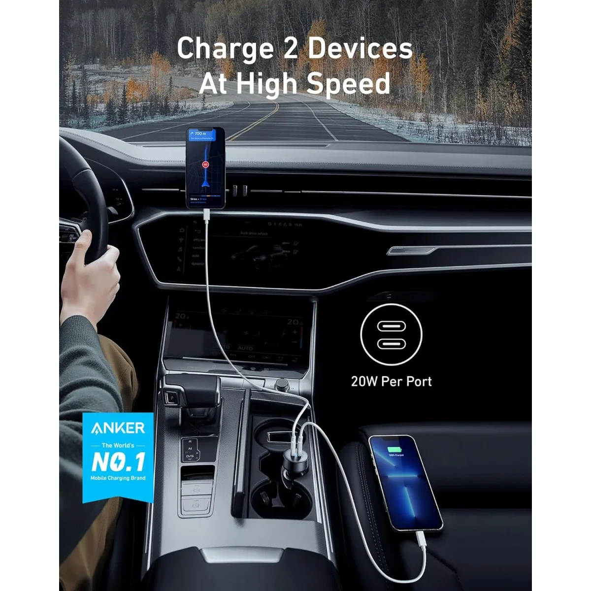 شاحن سيارة Anker 323 بقدرة 52 واط بمنفذي USB-C وUSB-A أسود - Thumbnail 2