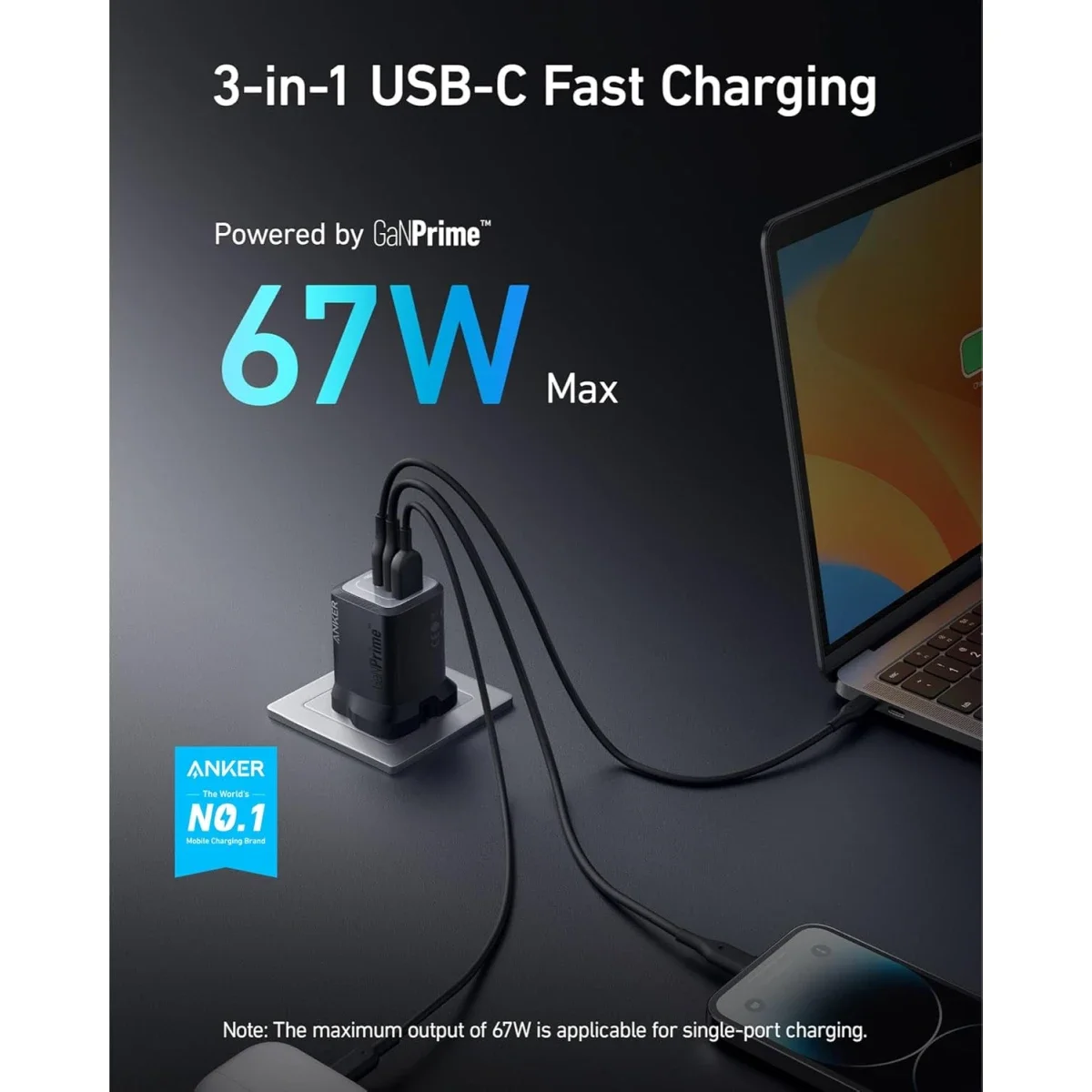 شاحن Anker 335 سريع 67 واط USB-C ثلاثي المنافذ A2673 - Thumbnail 5