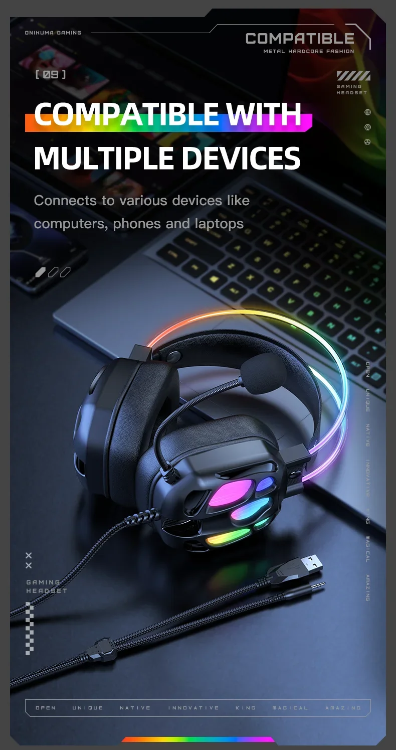 ONIKUMA X89 Gaming Headset with 3.5mm Jack, Surround Sound and RGB Lighting - Black - Thumbnail 19