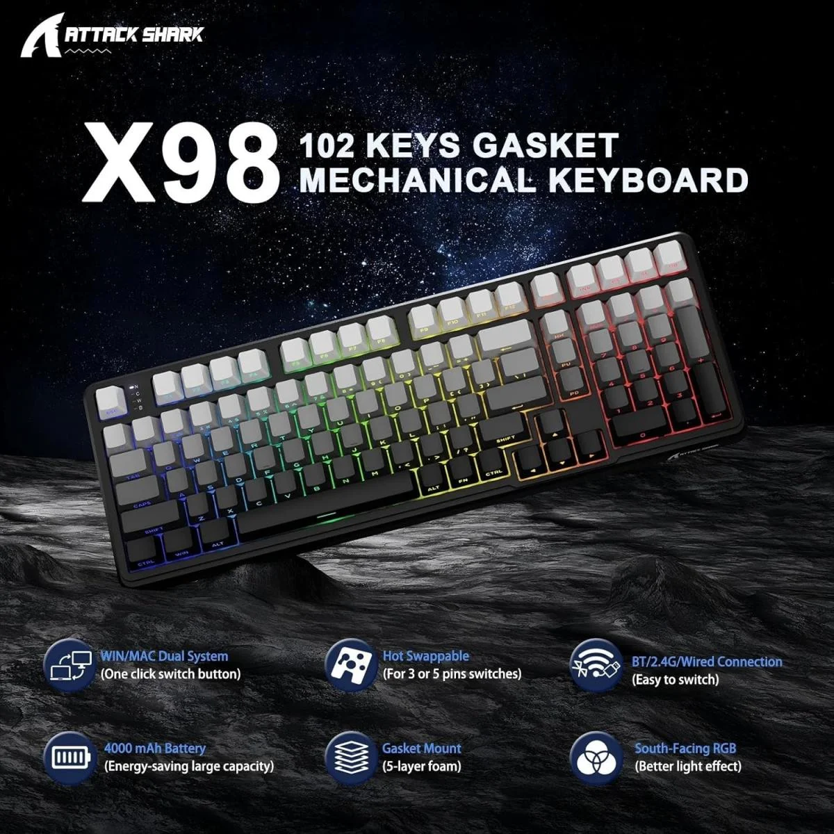 لوحة مفاتيح ألعاب ATTACK SHARK X98 ميكانيكية لاسلكية ثلاثية الاتصال بإضاءة RGB، Moonlit Night - Image 3