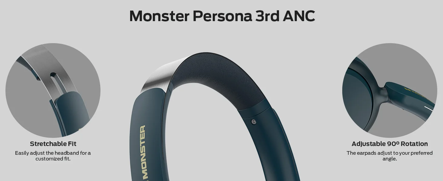سماعات رأس Monster Persona 3rd ANC لاسلكية فوق الأذن مع ميكروفون، تشغيل حتى 70 ساعة - أزرق داكن - Thumbnail 12