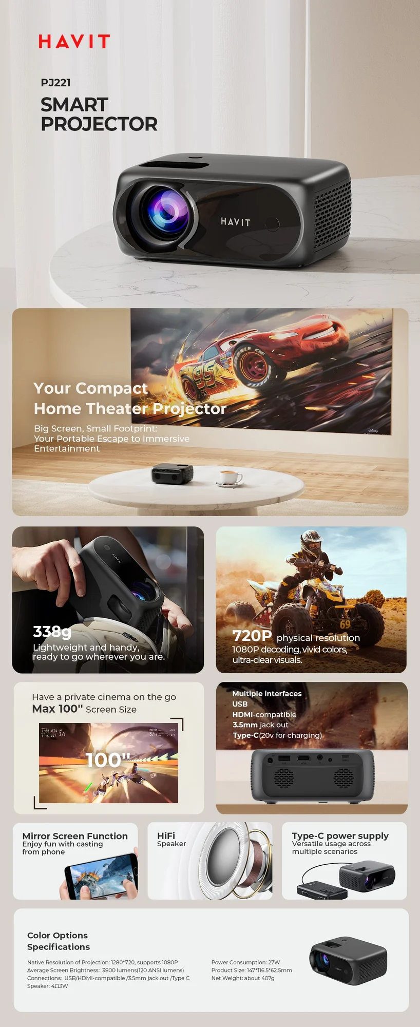 بروجكتور صغير ذكي محمول HAVIT PJ221 بدقة HD 720p حتى 100 إنش - Thumbnail 6