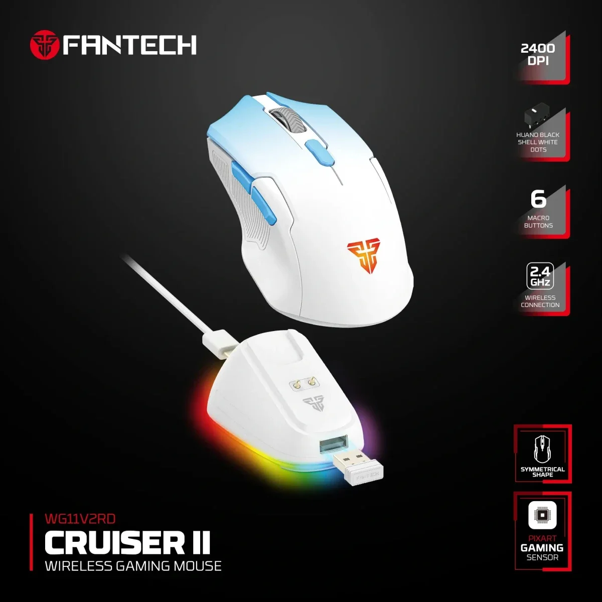 Fantech Cruiser II WG11V2RD Wireless Gaming Mouse 2400 DPI with Charging Dock - Blue - Image 4