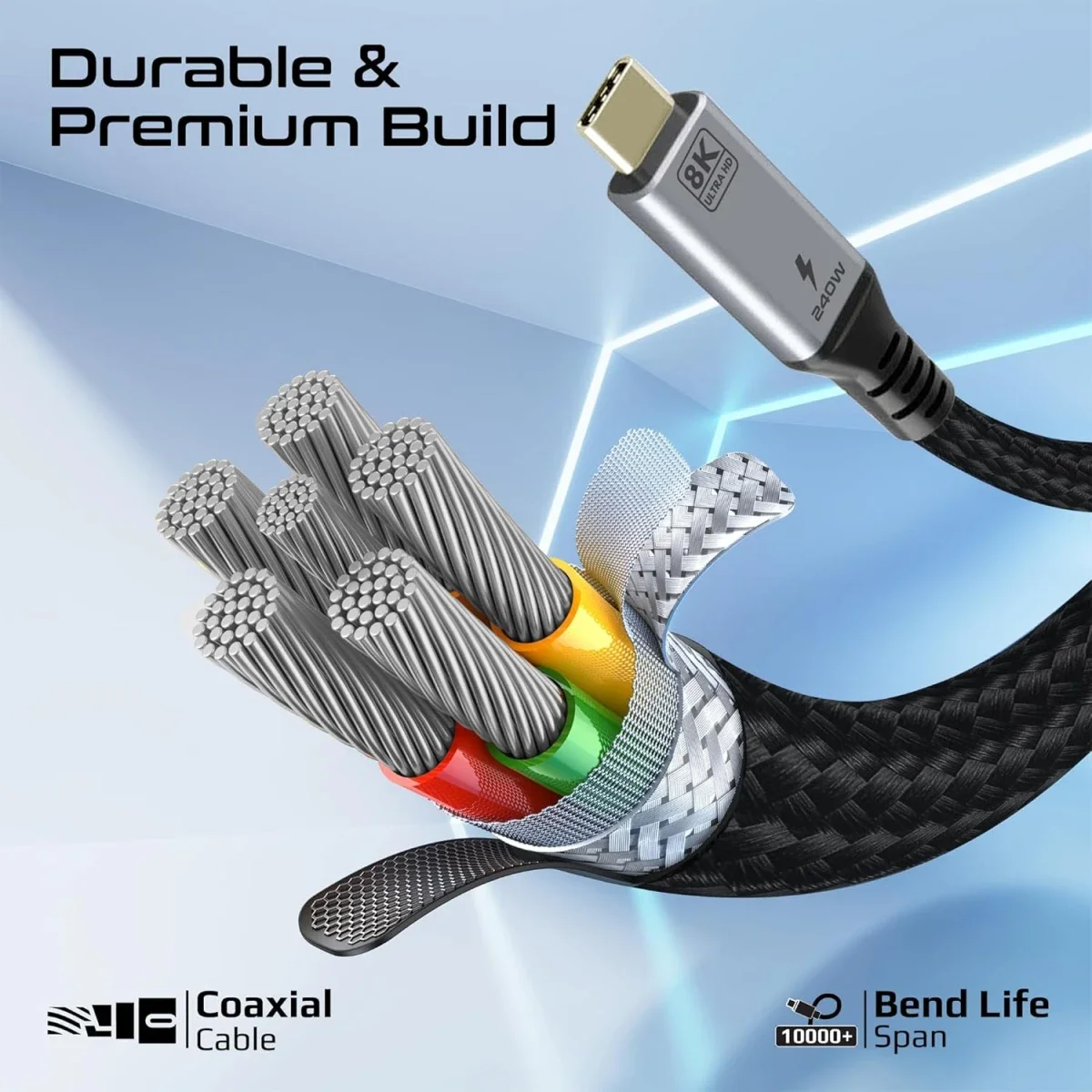 Promate PowerBolt5-80G Thunderbolt 5 USB4 USB-C to USB-C Cable 80Gbps 240W 1.2M Black - Thumbnail 5