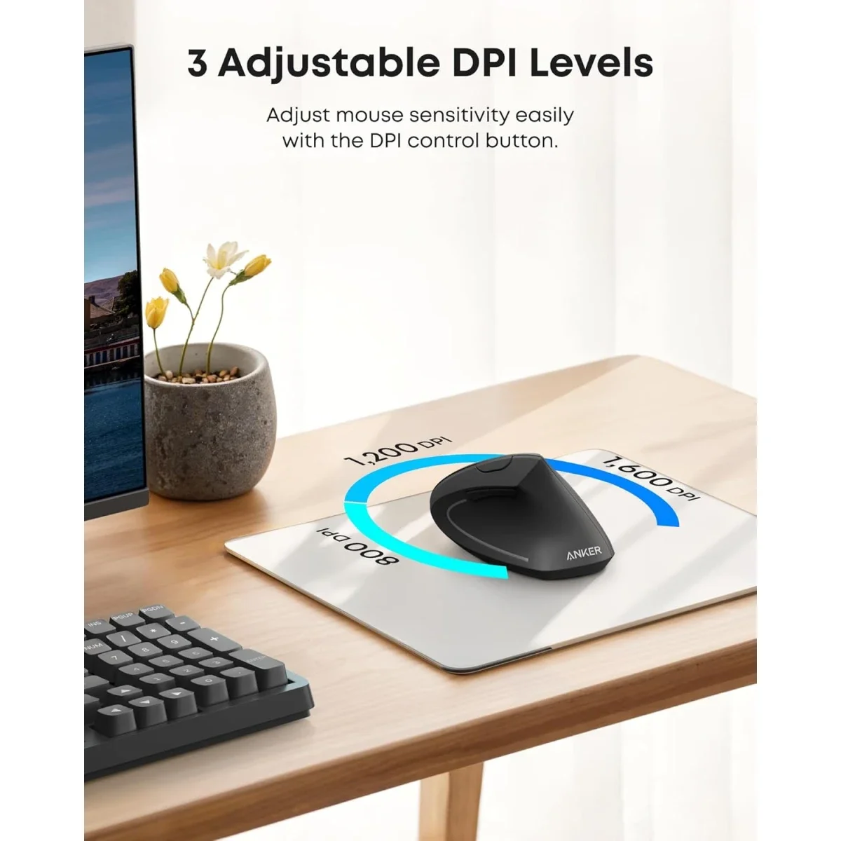 Anker 2.4GHz Wireless Vertical Ergonomic Optical Mouse, 800/1200/1600 DPI, Black - Thumbnail 3