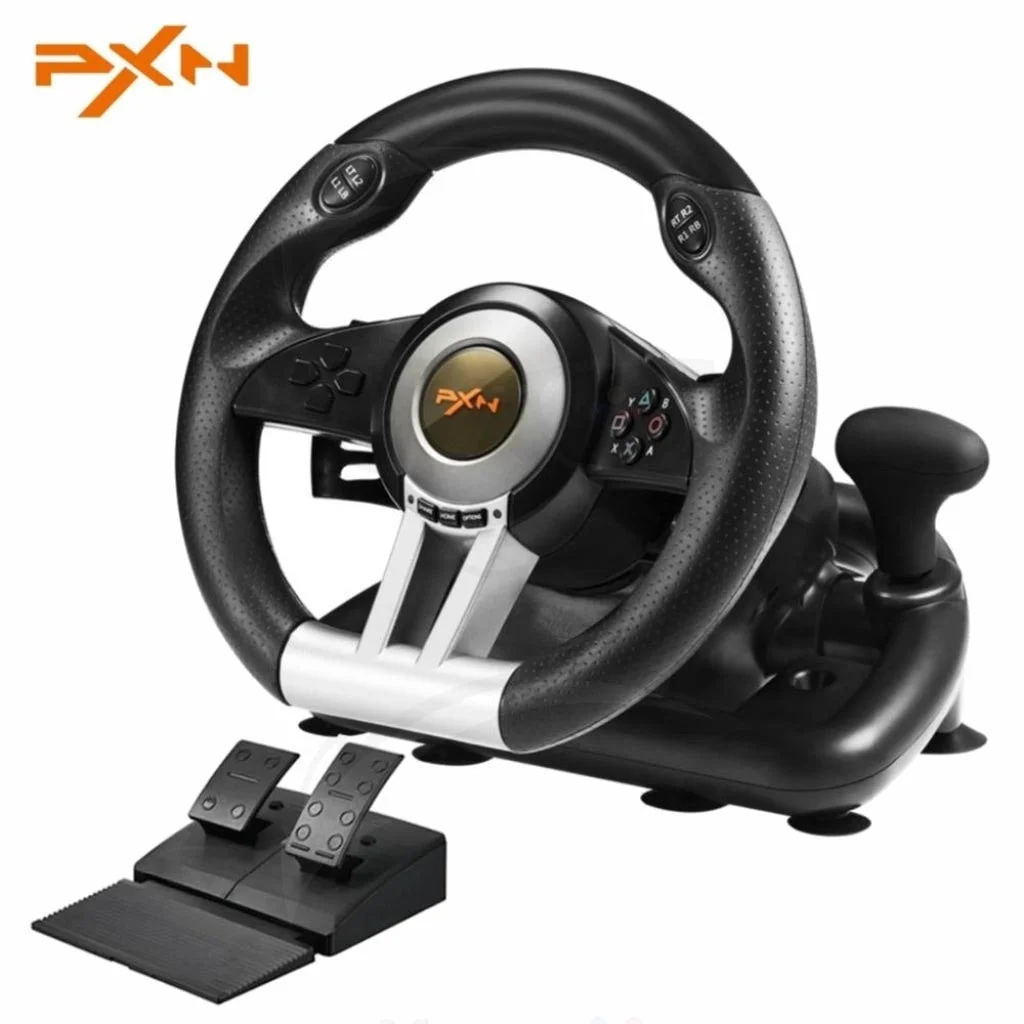 مقود ألعاب PXN V3 Pro بزاوية 90/180 درجة مع دواسات - أسود