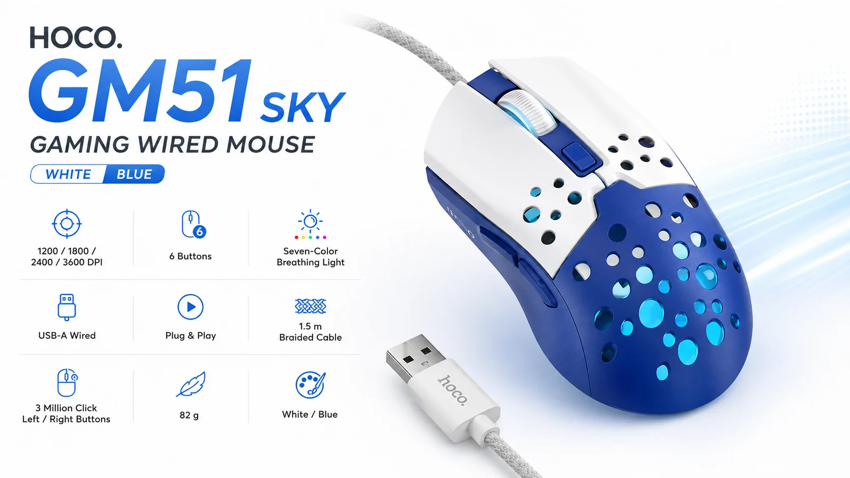 HOCO GM51 Sky Wired Gaming Mouse, 3600 DPI, 6 Buttons, White/Blue - Thumbnail 7