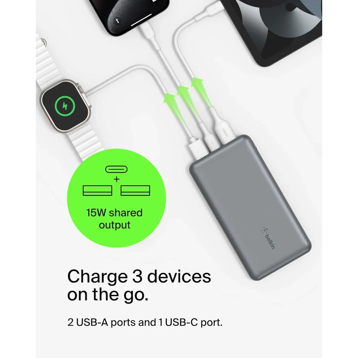 Belkin BoostCharge 10000mAh USB-C Power Bank with 2 USB-A Ports, 15W, Gray - Thumbnail 2
