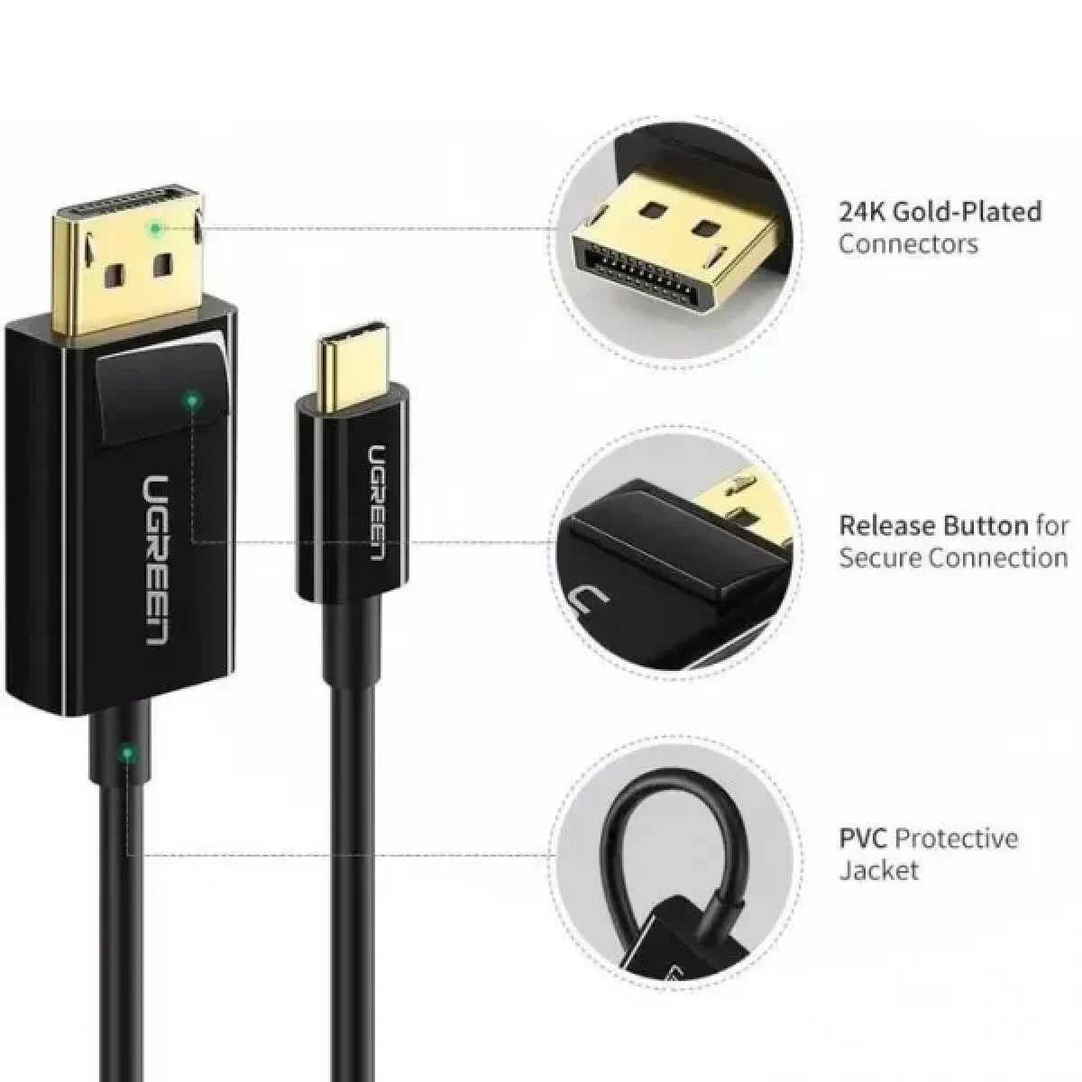 Ugreen 50994 USB-C to DisplayPort Cable 1.5m, 4K 60Hz, 2K 144Hz - Thumbnail 4