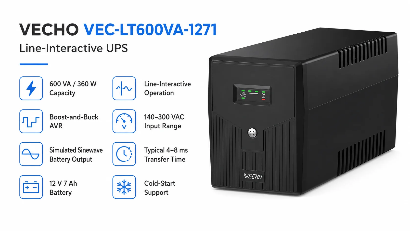 VECHO VEC-LT600VA-1271 Line-Interactive UPS 600VA 360W - Image 3