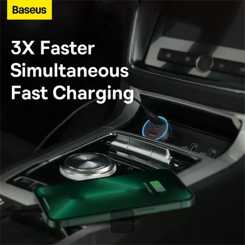 شاحن سيارة Baseus Golden Contactor Pro بقدرة 65W مع USB-A ومنفذين USB-C – رمادي داكن - Thumbnail 4