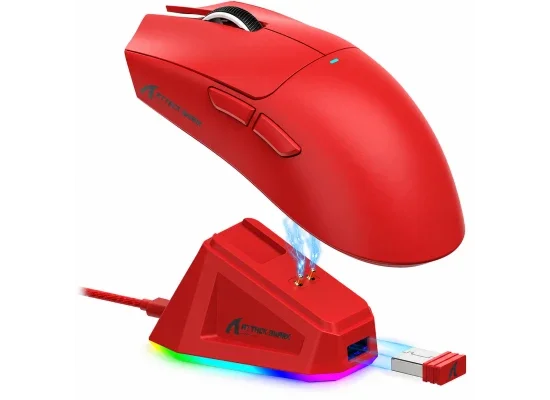 ماوس ألعاب ATTACK SHARK X11 لاسلكي ثلاثي الوضع أحمر مع قاعدة RGB