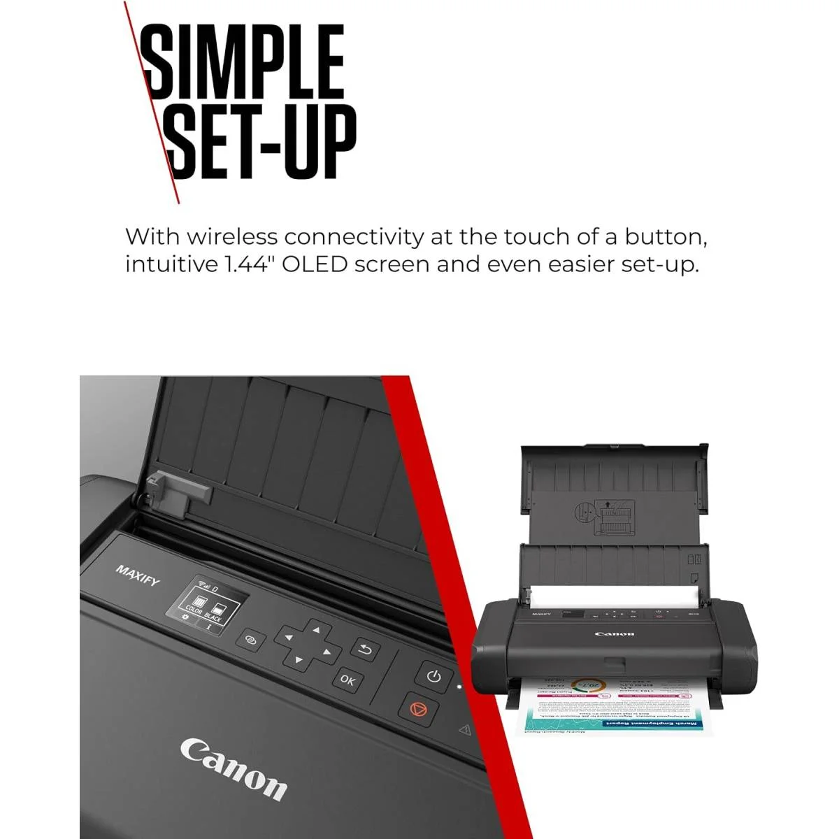 طابعة محمولة Canon MAXIFY BX110 نافثة للحبر A4 مع بطارية قابلة للشحن، 330 صفحة للشحنة، واي فاي مزدوج النطاق، شاشة OLED 1.44 إنش وUSB-C - Thumbnail 5