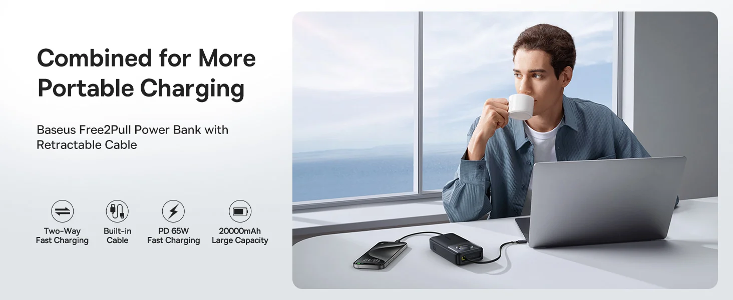 Baseus Free2Pull 20000mAh 65W Power Bank with Retractable USB-C Cable - Black - Thumbnail 10
