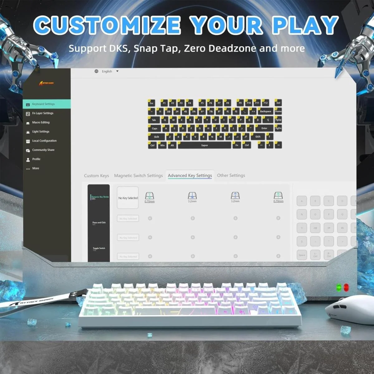 كيبورد ألعاب ATTACK SHARK R82HE ميكانيكي سلكي TKL بمفاتيح Hall Effect مغناطيسية، White Contour - Image 4