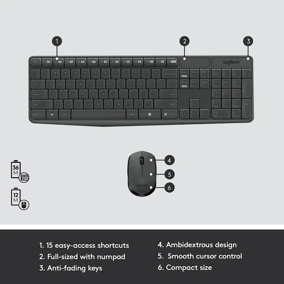 مجموعة لوحة مفاتيح وفأرة لاسلكية Logitech MK235 بتخطيط عربي/إنجليزي، أسود - Image 6
