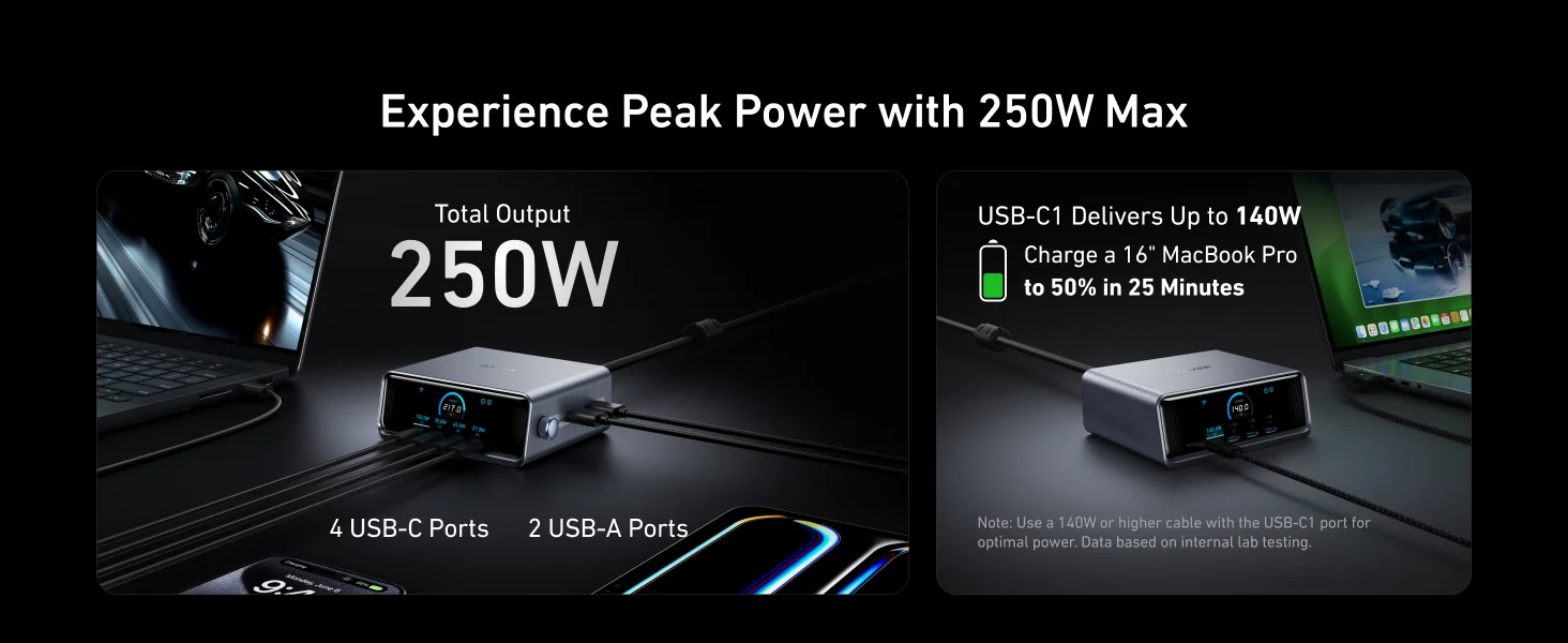 محطة شحن مكتبية Anker Prime بقدرة 250 واط GaN، 6 منافذ، شاشة LCD، فضي - Thumbnail 12