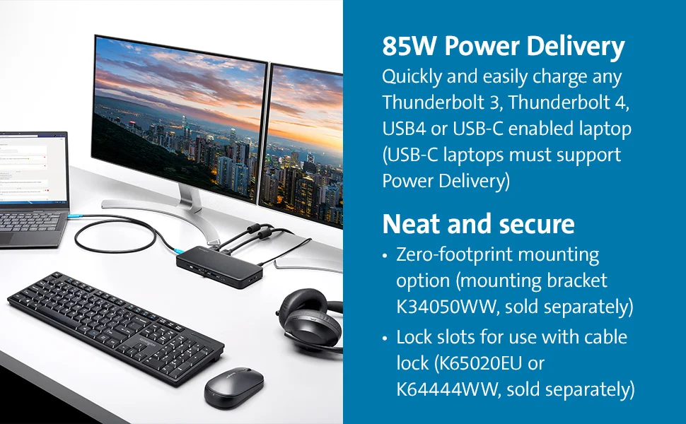 محطة لمجموعة واسعة من المنافذ Kensington SD4839P 9 في 1 USB-C بدون تعريف بقدرة 85W PD وسرعة 10Gbps لون أسود - Image 12