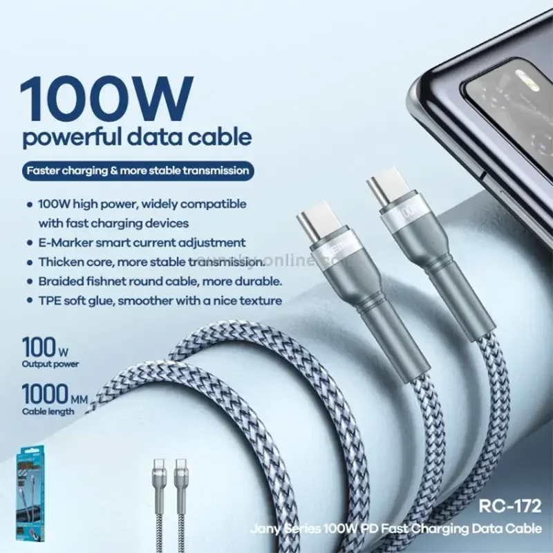 Remax RC-172 USB-C to USB-C Cable, 1m, 100W PD Fast Charging, Aluminum Alloy Braided, Silver - Image 2